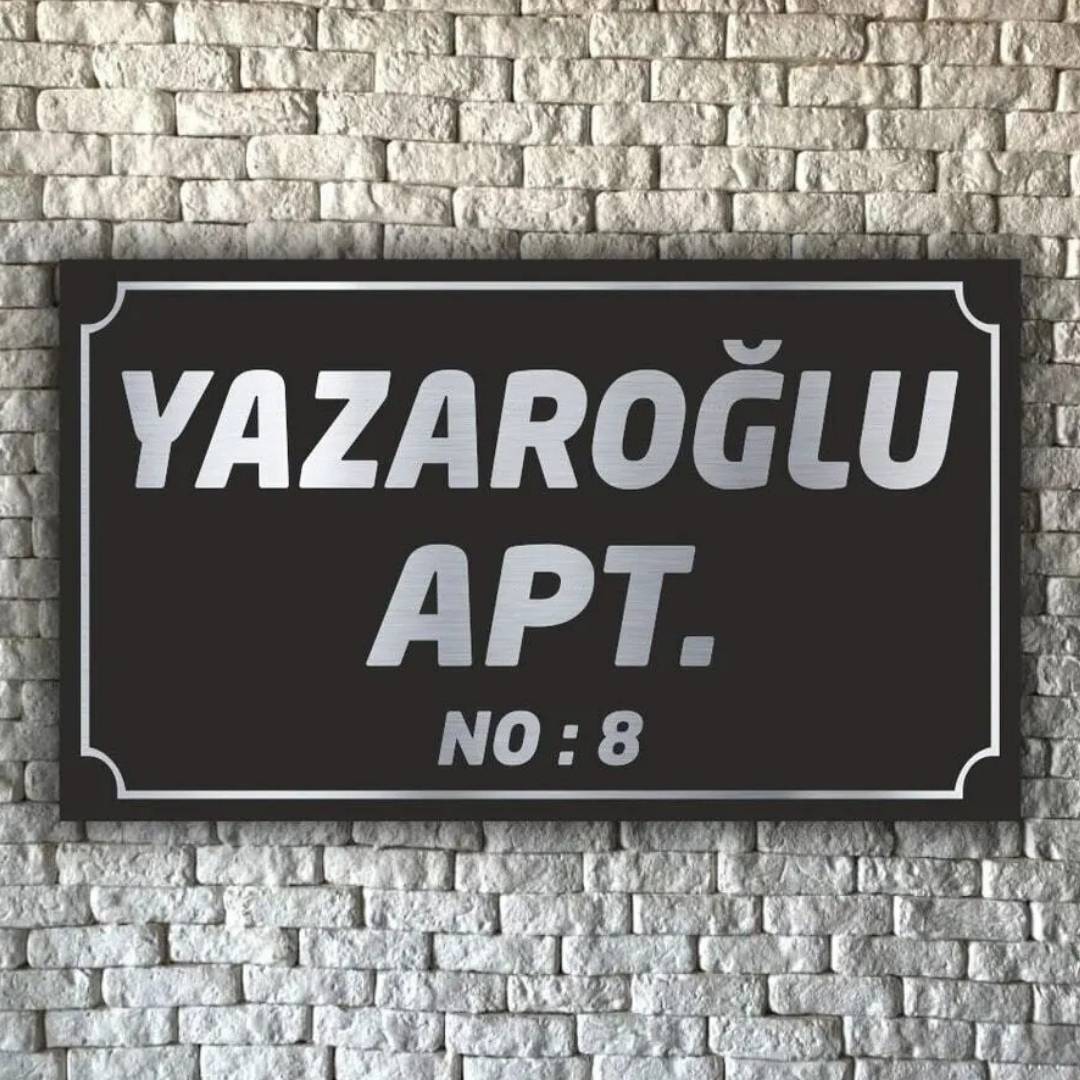 Apartman İsimliği  Siyah Zemin Gümüş Varak Apartman Tabelası 20x30 cm