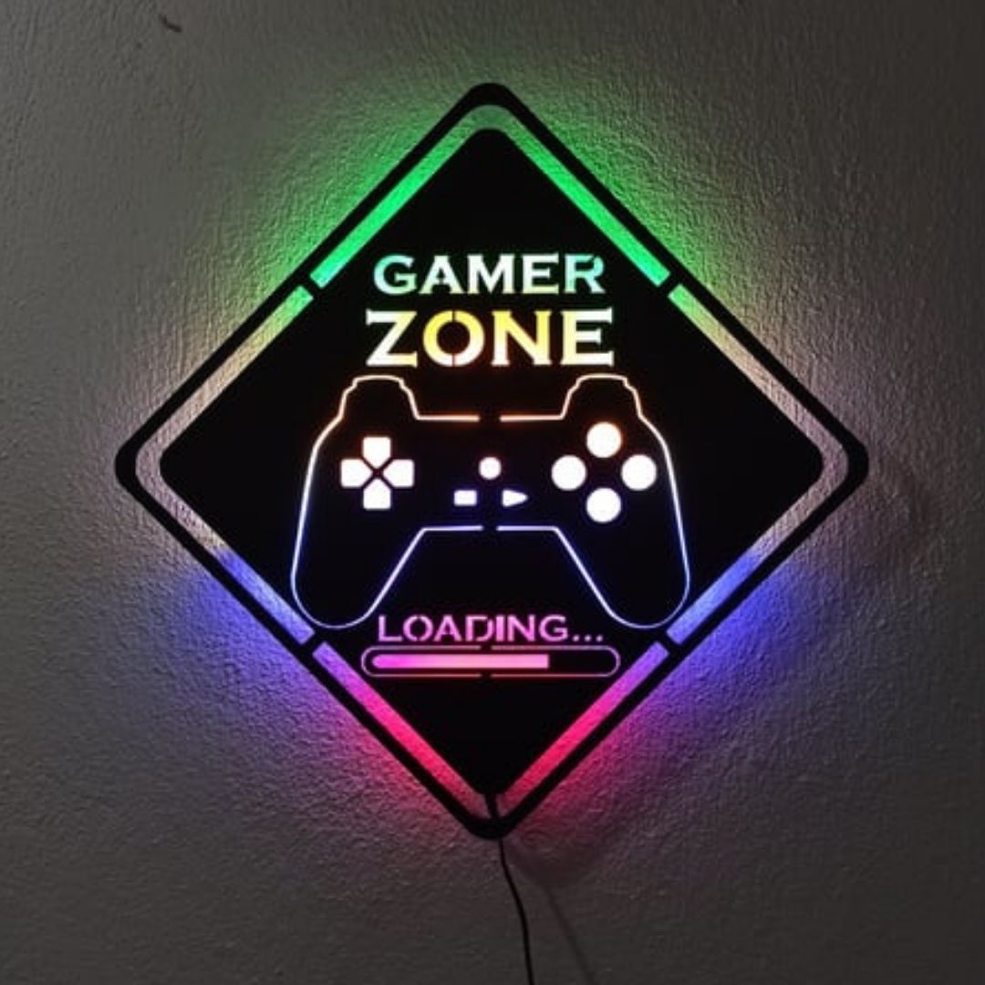 Gamer Zone LED Işıklı Duvar Tablosu - 47x47 cm Siyah MDF