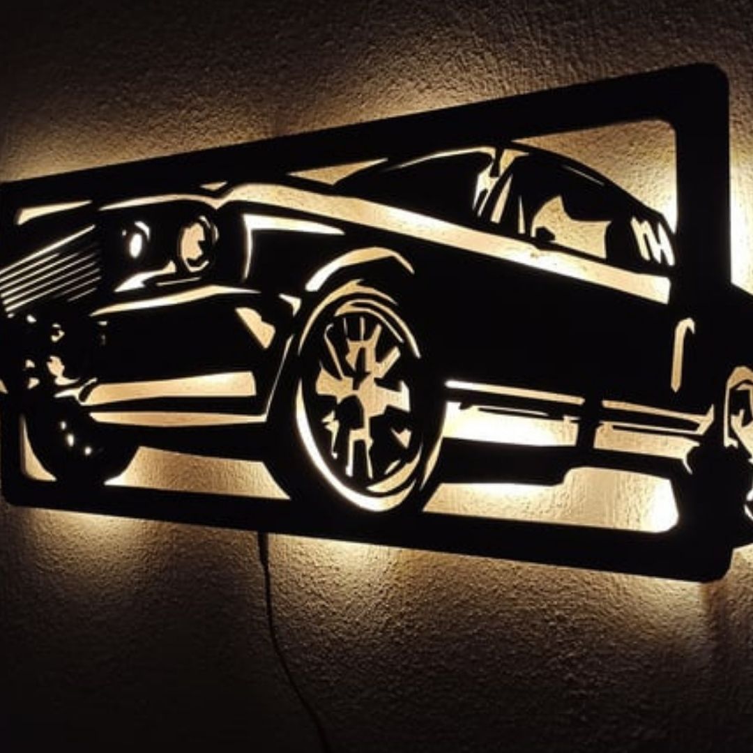 Mustang Araba LED Işıklı Duvar Tablosu - 69x30 cm Siyah MDF