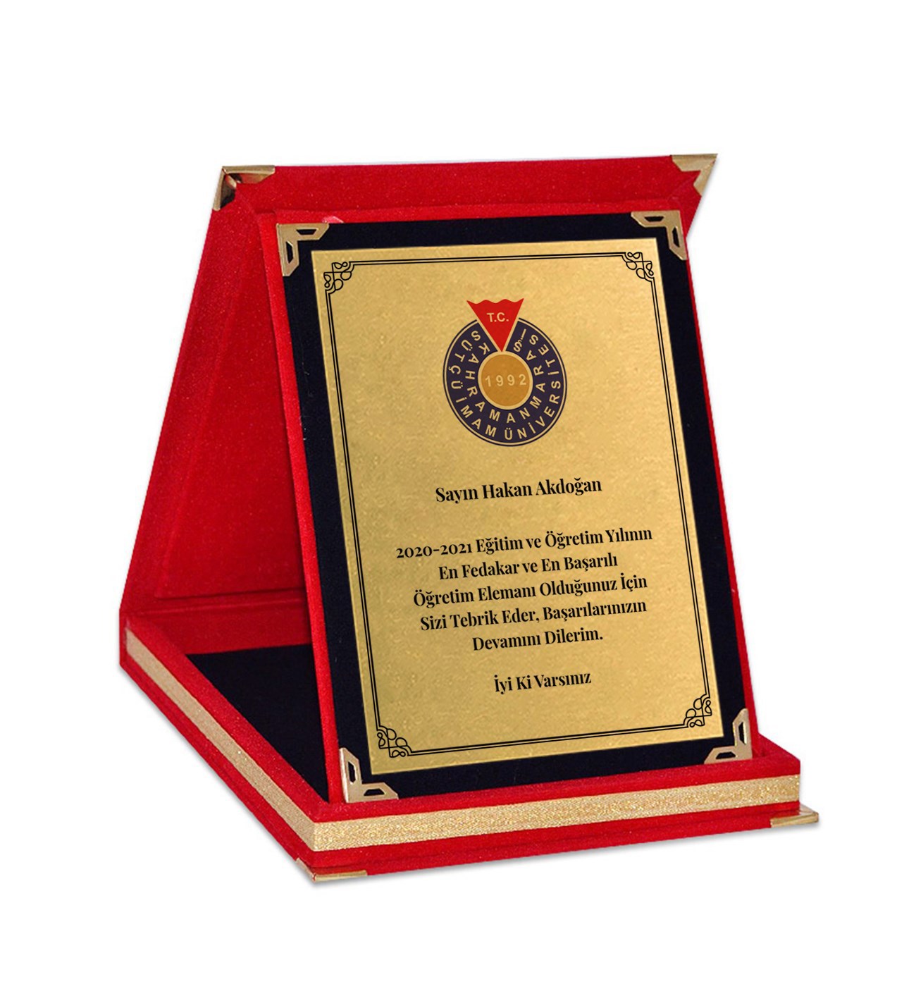 Kırmızı Kadife Plaket 15x20 cm - Ahşap Alt Kasa, Metal Üzerine Renkli Baskı